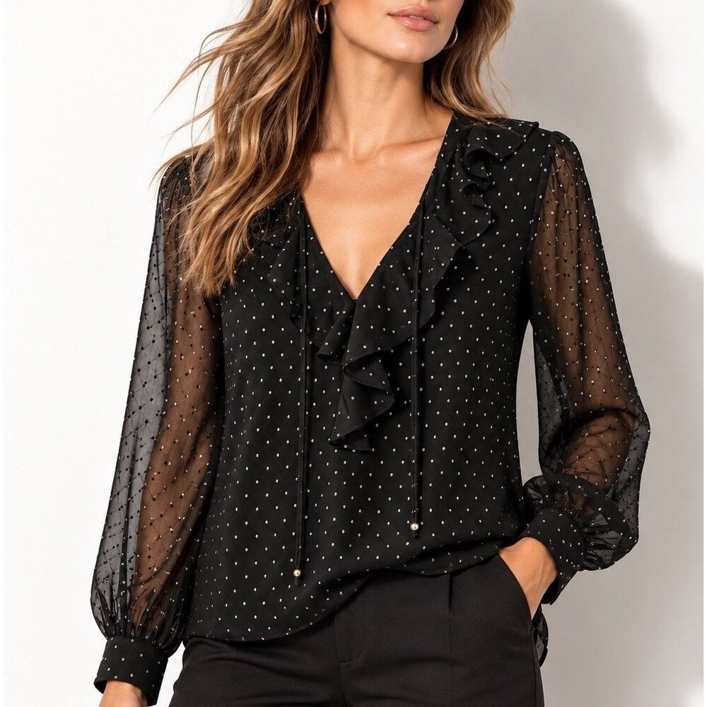 PAIGE Marella Black Sheer Swiss Dot Blouse XS Ruffle Silk Blend Long Sleeve Top